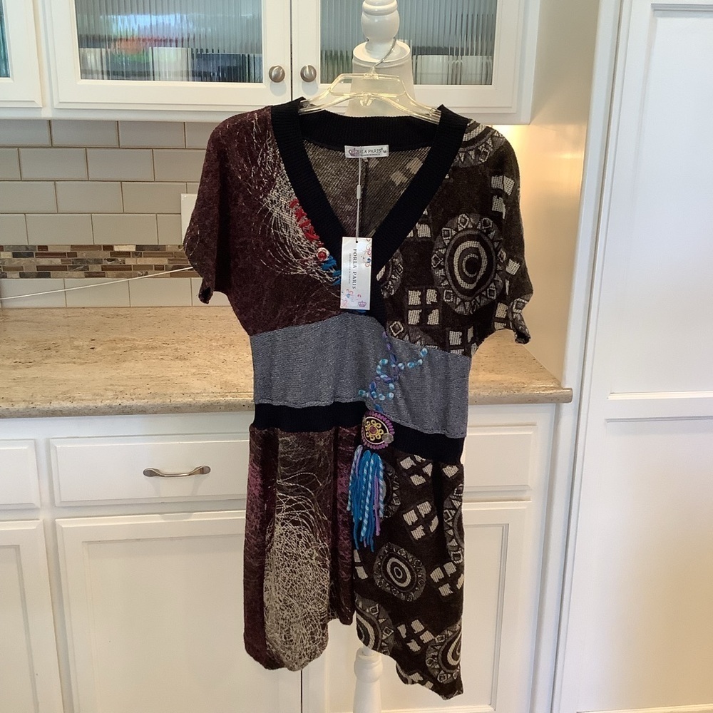 Boho Forla Paris Knit Dress NWT Art To Wear V-Neck